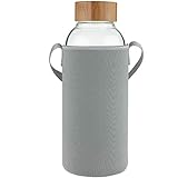 Ferexer 1.5 Liter Borosilikat Trinkflasche Glas Wasserflasche mit Bambus Deckel mit Neoprenhülle...