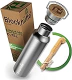 Blockhütte. Premium Edelstahl Trinkflasche isoliert I 750ml I mit Naturborsten Bürste I...