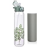 Justfwater 1 Liter / 1L Trinkflasche Glas mit Strohhalm 1000 ml Wasserflasche Glas mit Schutzhülle...