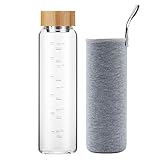 sunkey Glasflasche 1 Liter Trinkflasche aus Borosilikat Glas mit Schutzhülle Bambusdeckel,...