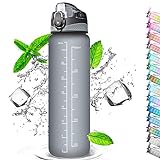 Trinkflasche mit Strohhalm 1L, Wasserflasche mit Zeitmarkierungen, Wasserflasche Frei BPA, 1 klick...